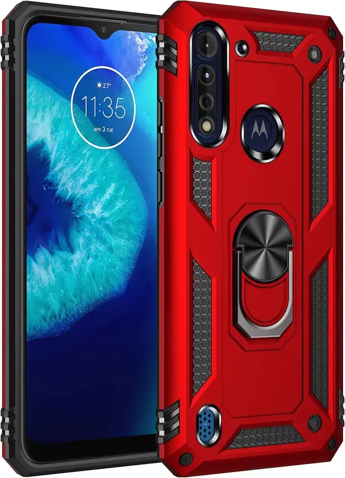 Handyhülle für Motorola Moto G8 Power Lite hülle + Displayschutz, Cover, 360 Grad Drehbar Ringhalter Handytasche Case Cover für Motorola Moto G8 Power Lite Handy Hüllen,Rot