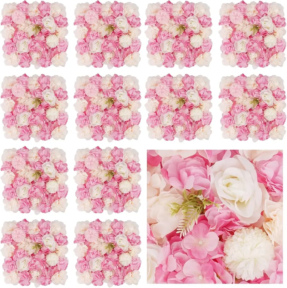 3D Flower Wall Backdrop, 12 Pcs 15x15 Inch Pink & White Panels