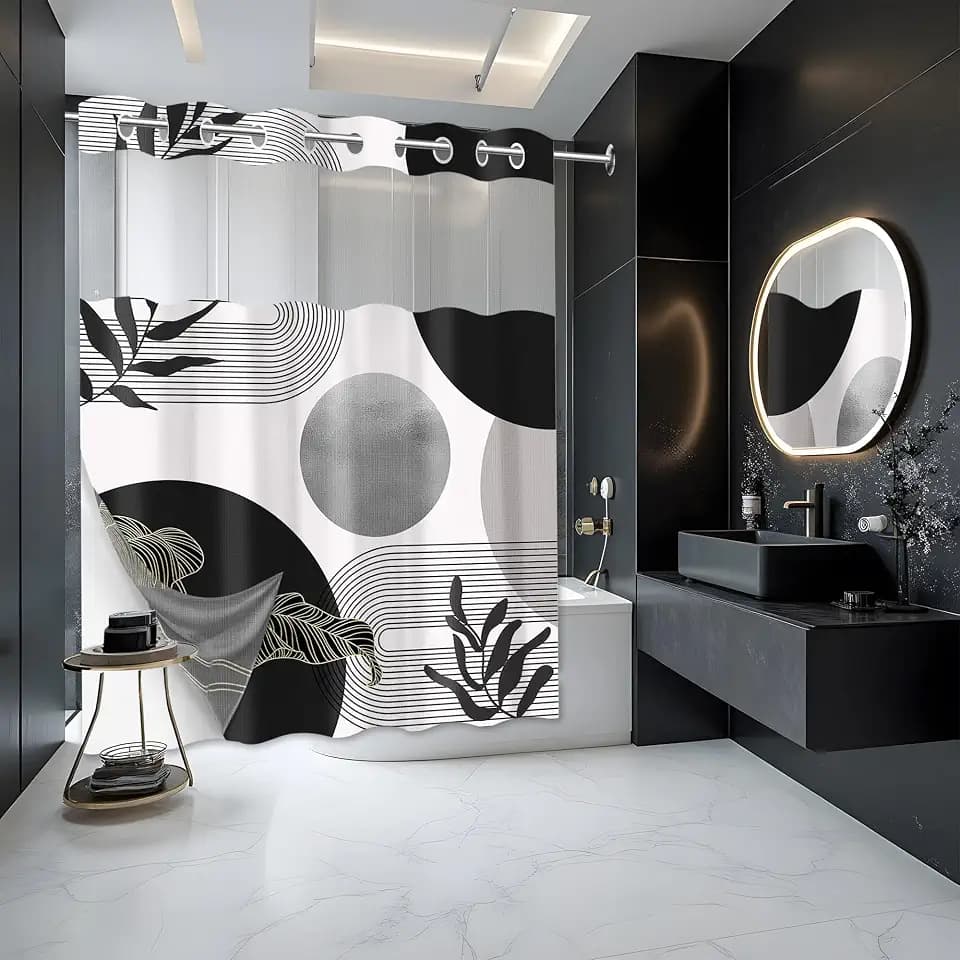Black and Grey Hookless Shower Curtain with Snap in Liner, 71x74 in, 2 in 1