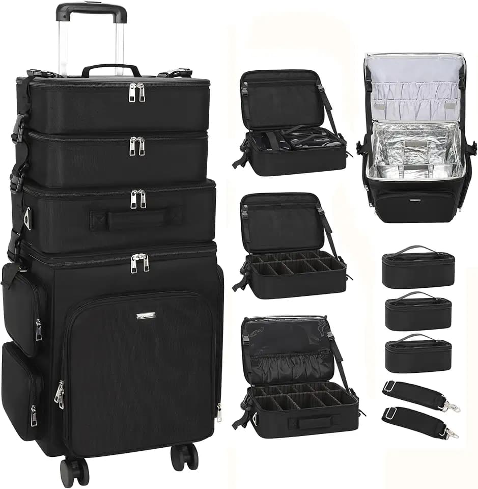 Relavel Rolling Makeup Case, 4 in 1 Hairstylist Traveling Bag Cosmetology Case on Wheels Large Hair Tools Cosmetics Train Case Makeup Artist Storage Organizer Trolley Suitcase with 360° Swivel Wheels