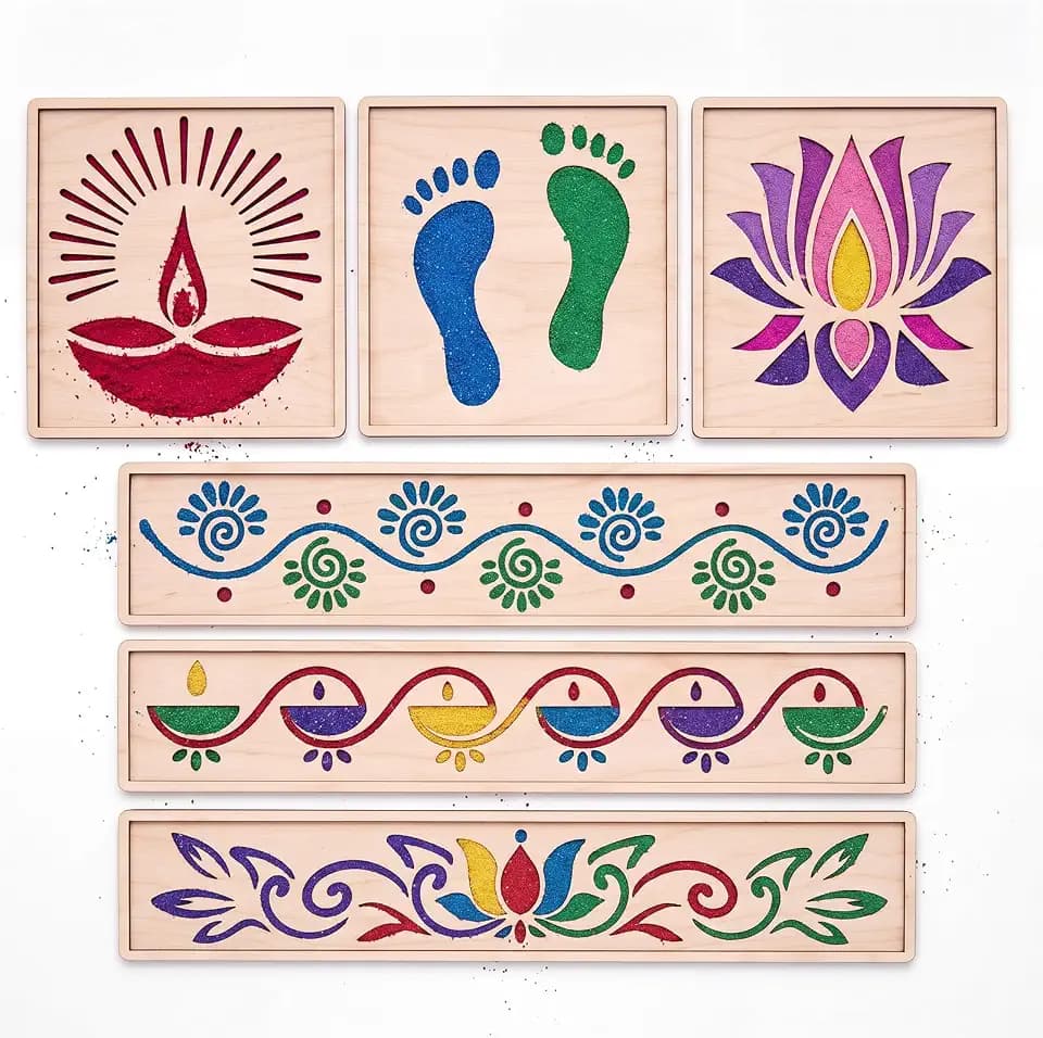 FoldTier 6 Pcs 12'' Diwali Rangoli Stencils Wooden DIY Sand Art Kit,Diya