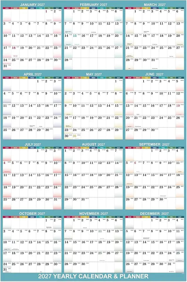 2027 Yearly Wall Calendar - 2027 Wall Calendar, Yearly Calendar from Jan. 2027 - Dec. 2027, Vertical, 22.8" x 34.4" (Open) - Bright Blue