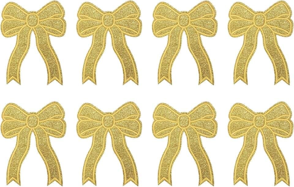 Glitter Bow Iron on Patches Sequin Sew on Bows Embroidered Applique Fit for Jeans Jackets Women Clothes Hats Backpacks (8 Pack, Gold)