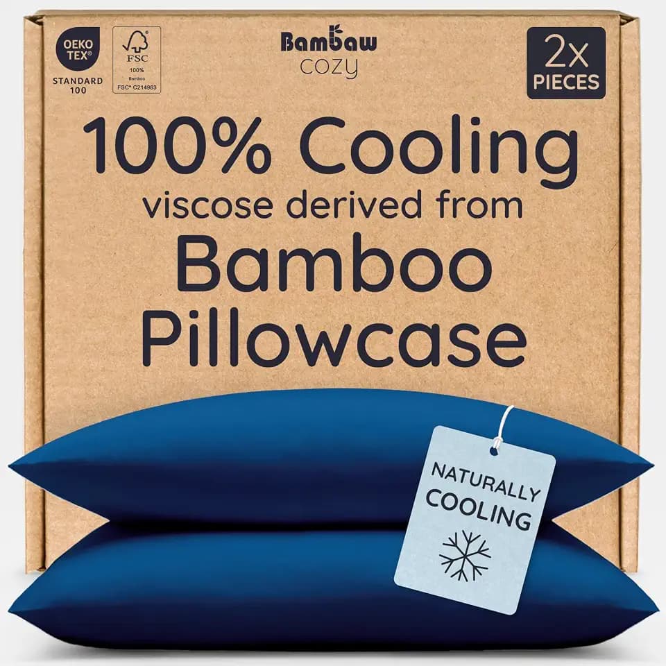 Bambaw 100% Viscose Derived from Bamboo Pillowcase Queen Size – Set of 2 Cooling Pillow Cases Queen, Envelope Pillow Cases Queen, Navy Blue Pillow Case, Breathable & Anti Acne Pillow Cases (Navy Blue)
