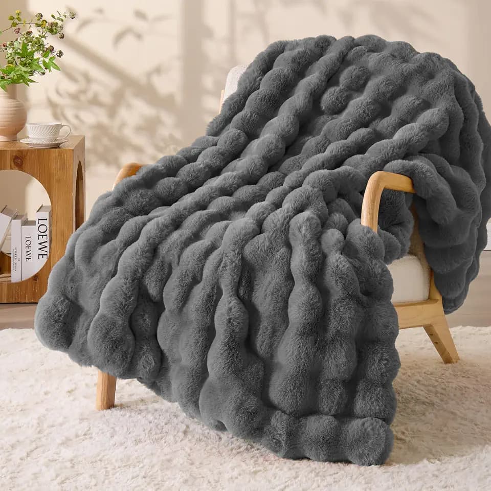 BEDELITE Faux Fur Throw Bubble Blanket for Couch, 50" x 60", Dark Grey