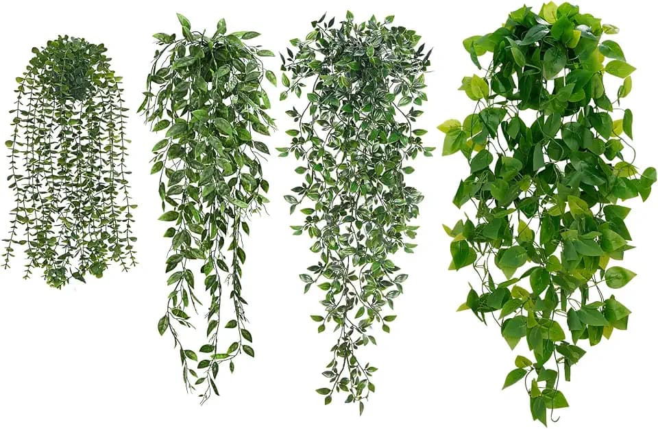 BLEUM CADE Fake Hanging Plants Mixed Set, 4pcs Artificial Hanging Plant, Faux Hanging Potted Plants Greenery for Wall Shelf Home Living Room Indoor Outdoor Decor