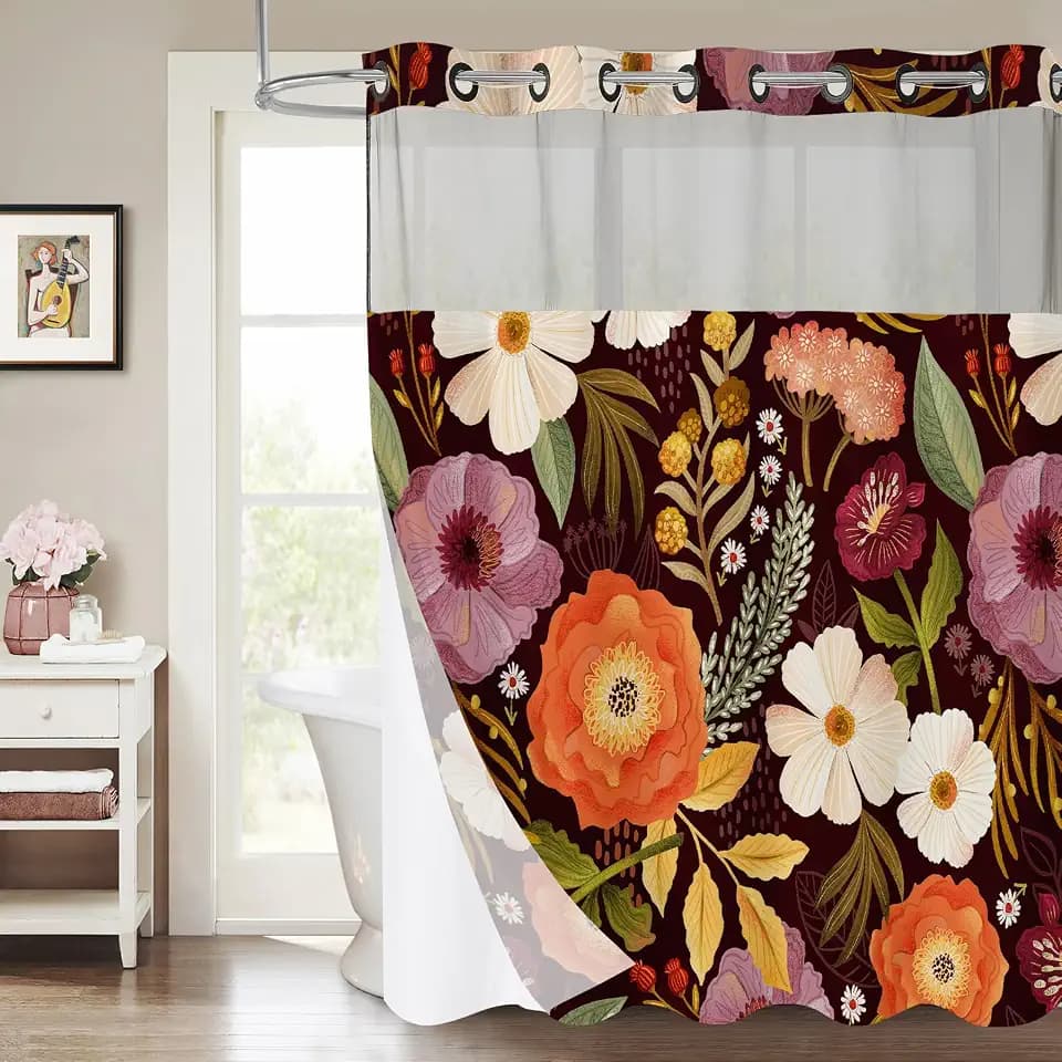 MitoVilla No Hooks Needed Boho Floral Shower Curtain Set with Snap-in Liner, Abstract Luxury Flower Fabric Cloth Shower Curtain for Chic Elegant Hotel Spa Bathroom Decor, 72 x 74
