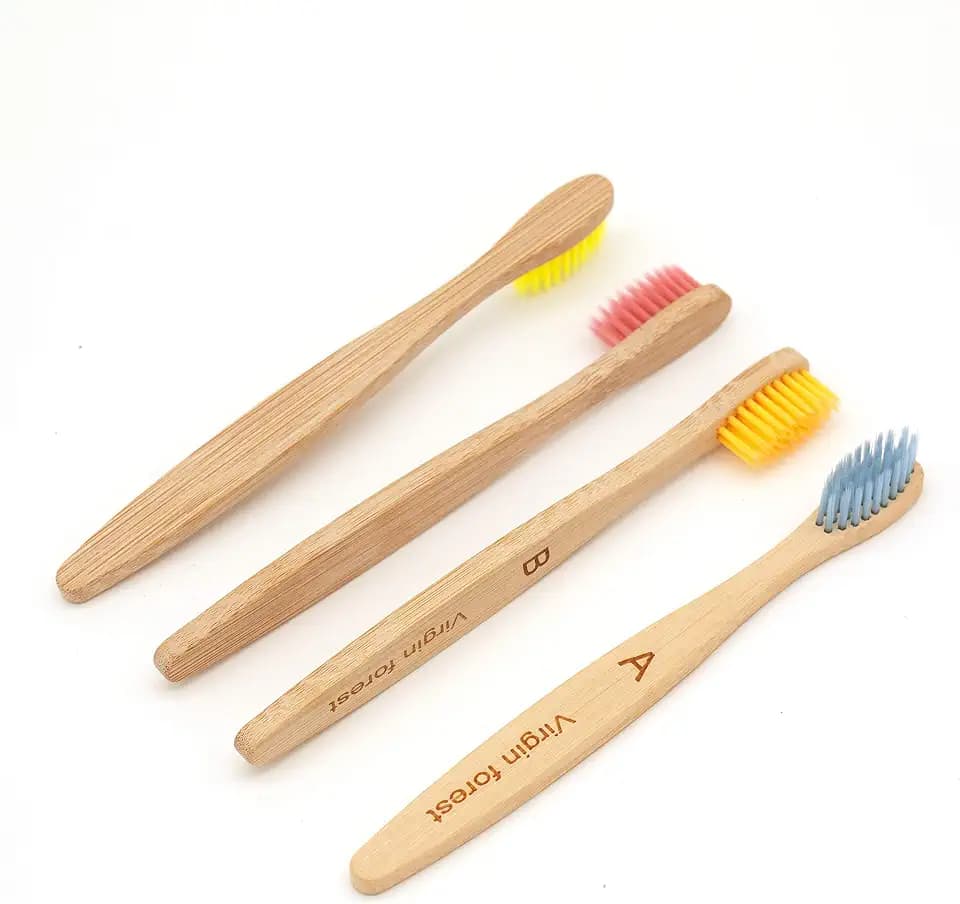Virgin Forest Bambus Zahnbürste Kinder, Natürliche Umweltfreundliche Holz-Zahnbürsten, Biologisch Abbaubare Holzkohle Zahnbürste, 4er-Pack