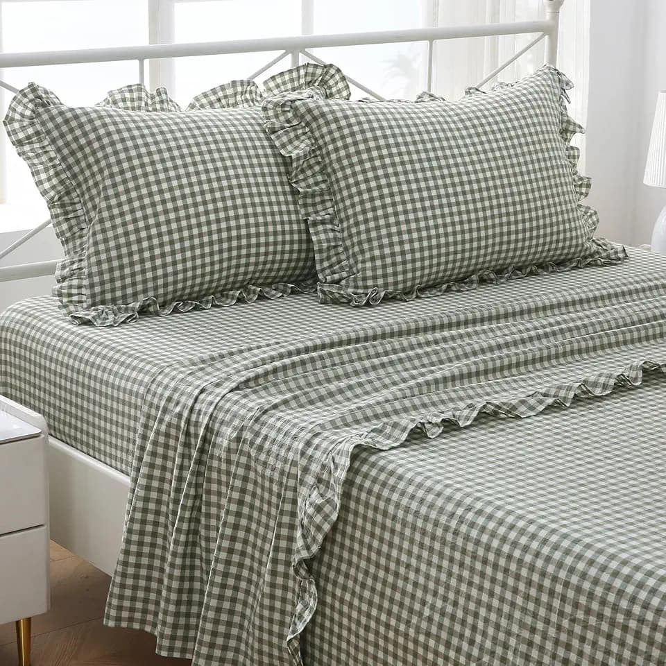 Sage Green White Gingham Ruffle Sheets Twin Size 4-Piece Set