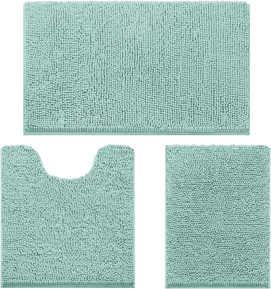 HOMEIDEAS Eggshell Blue Chenille Bathroom Rugs Set of 3, Non Slip Bath Mat