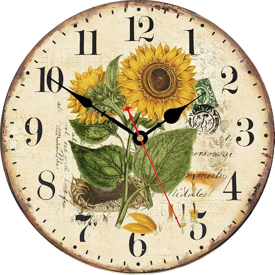 TAHEAT Vintage Floral Wall Clock, Yellow Summer Sunflower Kitchen Decor and Accessories, Decorative Battery Operated Clocks for Living Room Bedroom Bathroom Farmhouse, 12 Inch