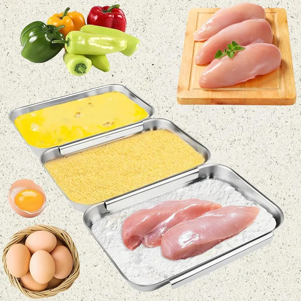 3-Piece Stainless Steel Breading Set – Interlocking Coating Trays for Chicken, Fish, Meat | Non-Slip, Dishwasher Safe, Oven Safe | Stackable Space-Saving Design for Flour, Egg (M-8.6" x 5.8")
