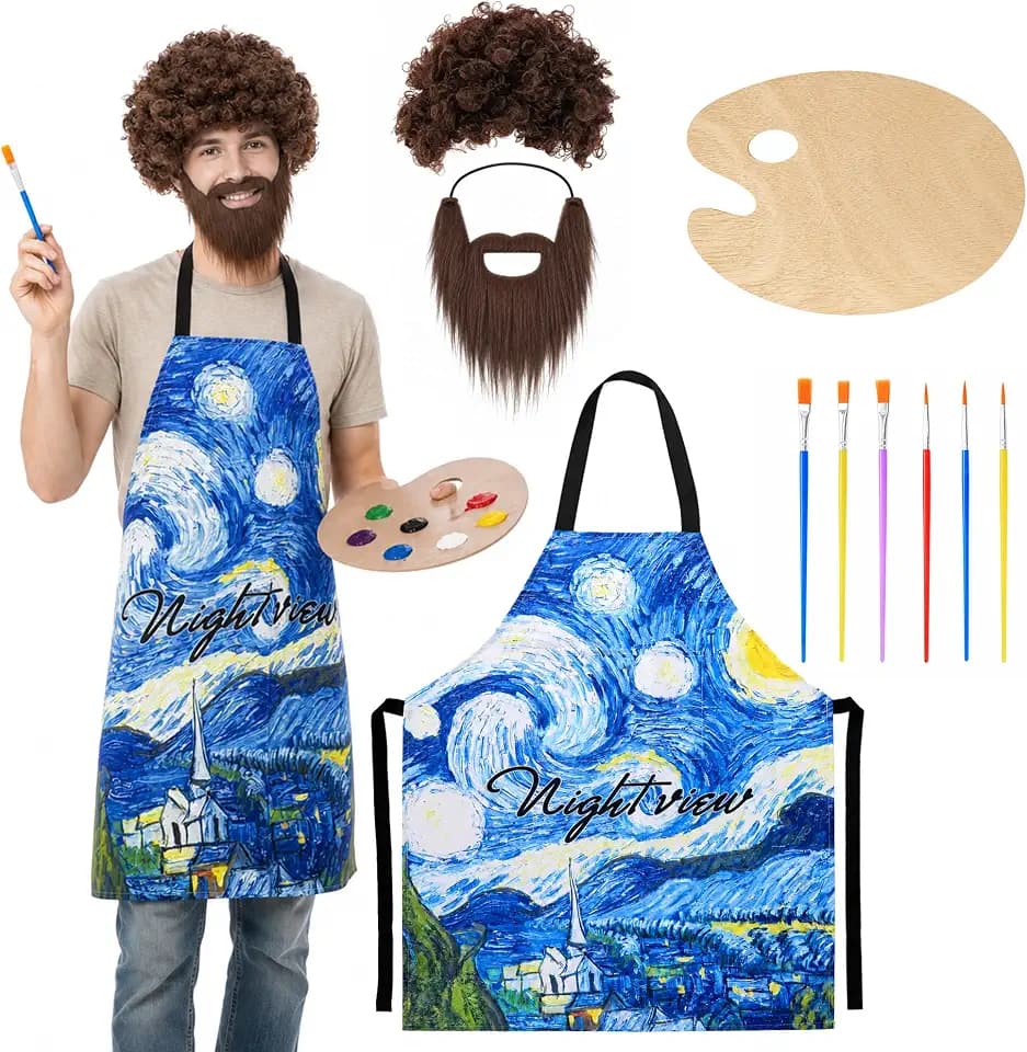 10 Pcs 80s Painter Costume Set, Adult Artist Costume with Apron Wig & Beard