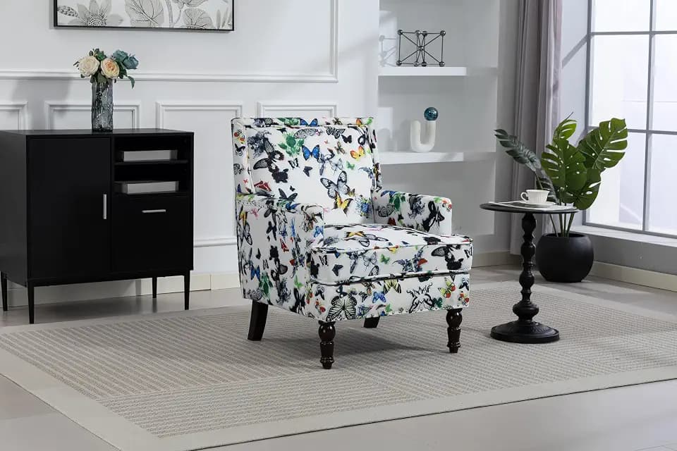 KEIKI Vintage Armchair, Accent Chair Linen Fabric Nailhead Trim, Elegant Accent Seat for Living Room Bedroom Office, Turned Legs Solid Wood Construction, Comfy Foam Cushion, Simple Assembly, White