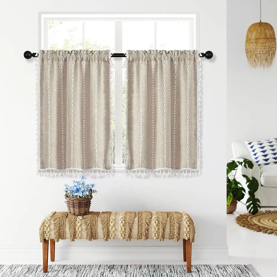 MitoVilla Boho Kitchen Curtains 36 Inch Length, 2 Panels Modern Farmhouse Short Cafe Curtains, French Country Small Tier Cotton Linen Curtain for RV/Bathroom/Basement/Laundry Room, Taupe