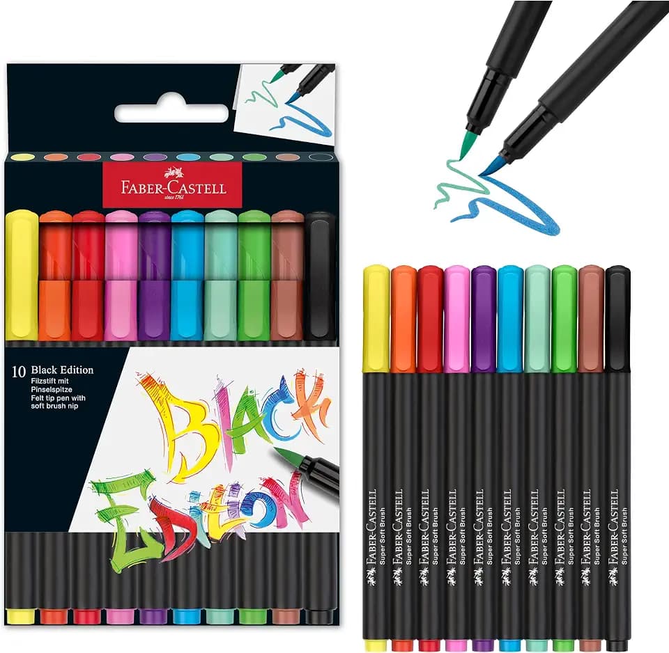 Faber-Castell Black Edition Felt Tip Pens, Soft Brush Nib, 10 Colors