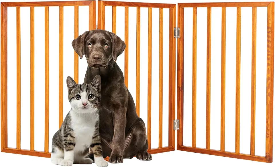 Pet Gate - 3-Panel Indoor Foldable Dog Fence for Stairs or Doorways - 54x24-Inch Retractable Wood Freestanding Dog Gates by PETMAKER (Mahogany)