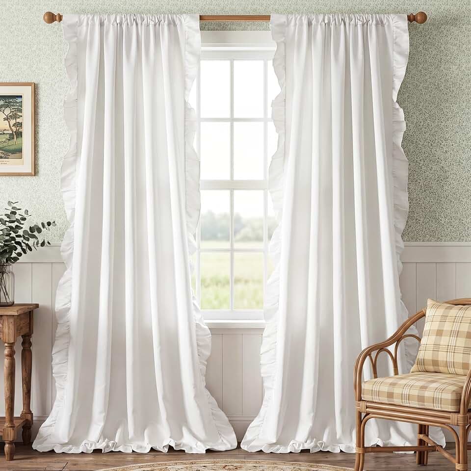 StangH Romantic White Ruffle Curtains 52x96 Long 2 Panels