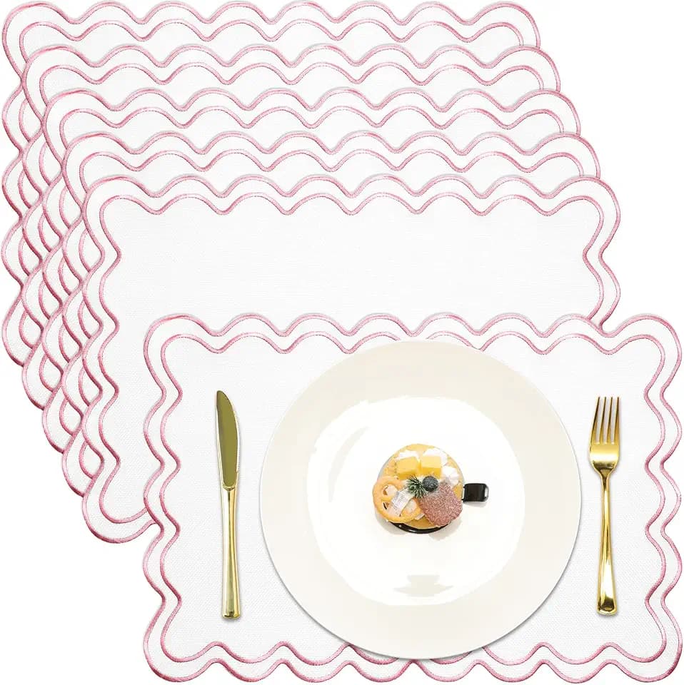 HunnmingRe White with Pink Scalloped Placemats Set of 6, Rectangle