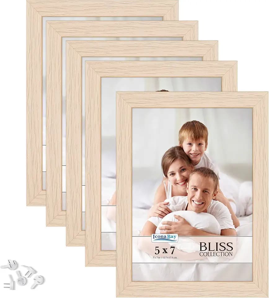 5x7 Picture Frames, Light Oak, 5 Pack, Modern Engineered Wood, Bliss