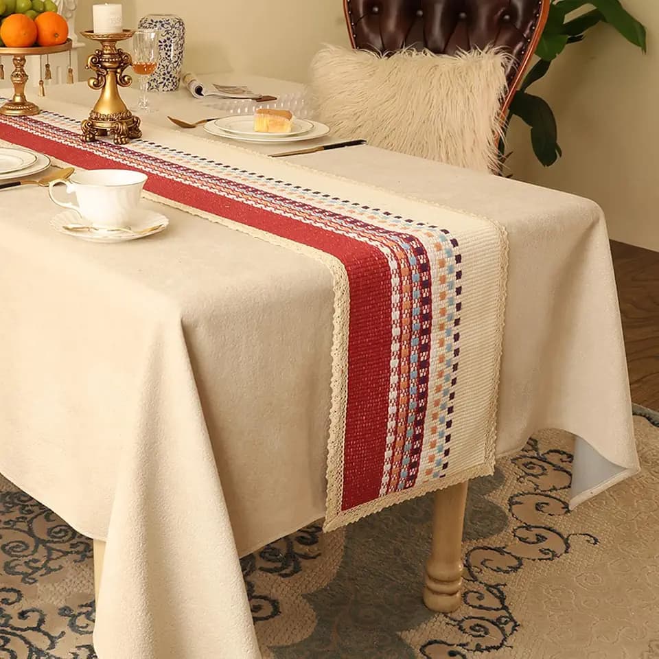 100% Pure Cotton Handwoven Table Runner with Lace: Muti Farmhouse Dresser Runner for Living Room, Non-Slip Dresser Cover Top, Machine Washable (12x72 inches)
