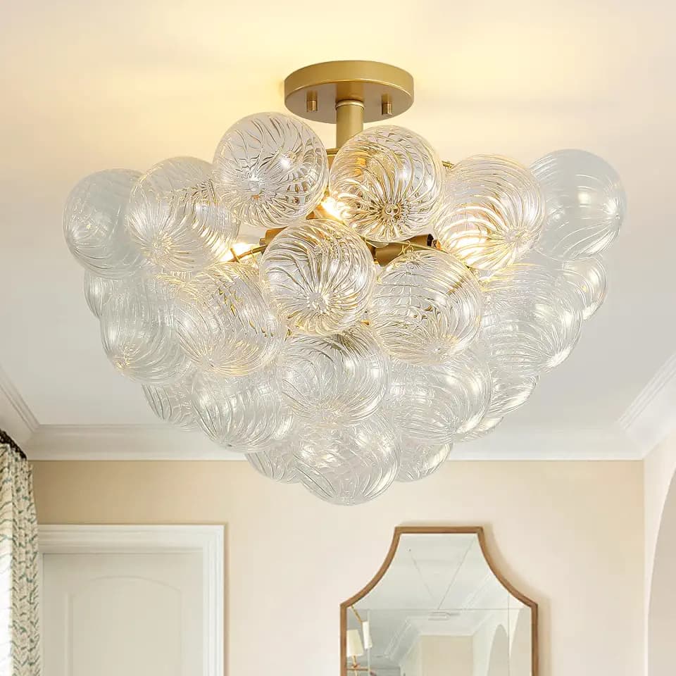 Semi Flush Mount Bubble Ball Chandelier 26pcs Ball Clear Swirled Ribbed Blown Glass Globe Gold Chandeliers Ceiling Light Fixture Dia 20" for Dining Living Room Bedroom Bathroom