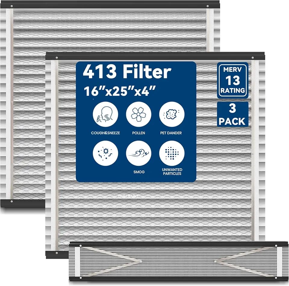(3 Pack) 413 Replacement Filter Compatible with Whole House Air Purifiers Model 1410, 1610, 2410, 2416, 3410, 4400,16x25x4 MERV 13 Pleated HVAC AC Furnace Filter