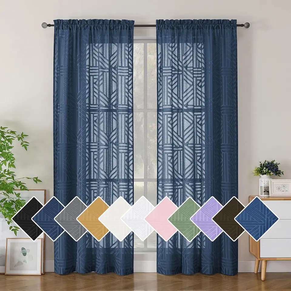 Simplebrand Navy Blue Semi Sheer Curtains 84 Inches Long 2 Panels, Light Filtering Geometric Jacquard Clip Textured Sheer Curtains for Bedroom,Modern Elegant Window Curtains Drapes,42x84 inch