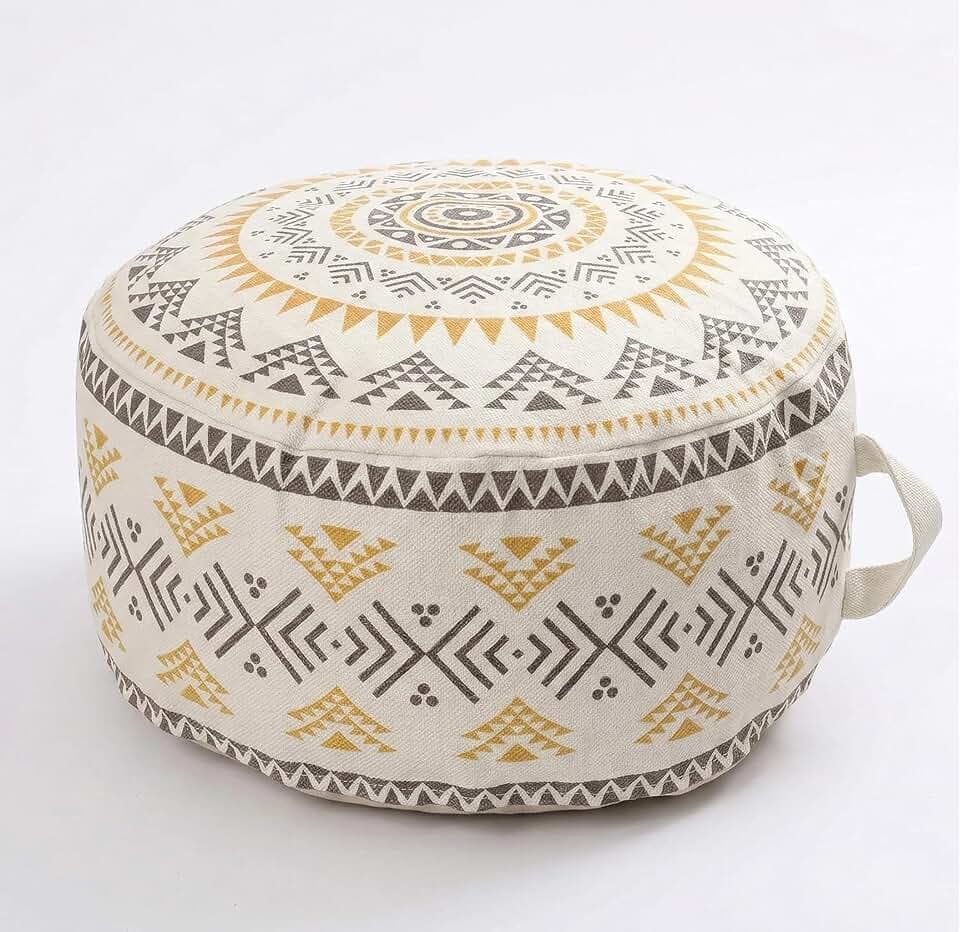 MOCOFO Unstuffed Round Pouf Cover, 18in Boho Ottoman, Yellow 18x18x8