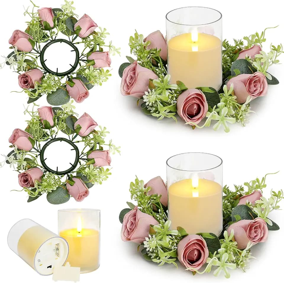2 Sets Candle Rings with LED Flameless Candles - Dusty Pink