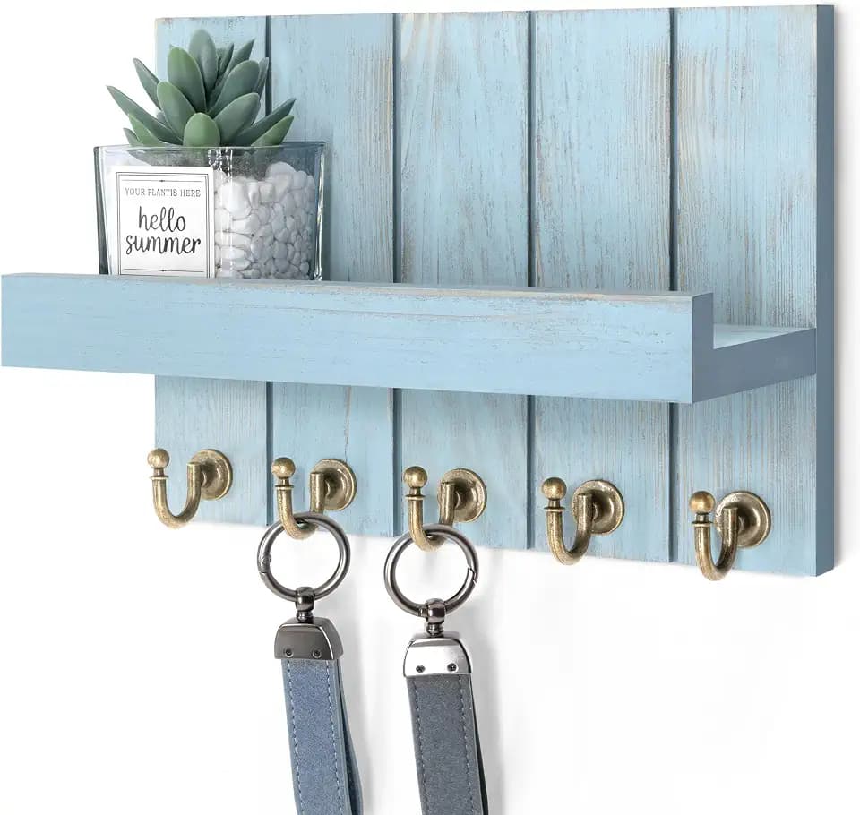 Rebee Vision Key Holder Wall Mount with Shelf for Entryway, Distressed Blue
