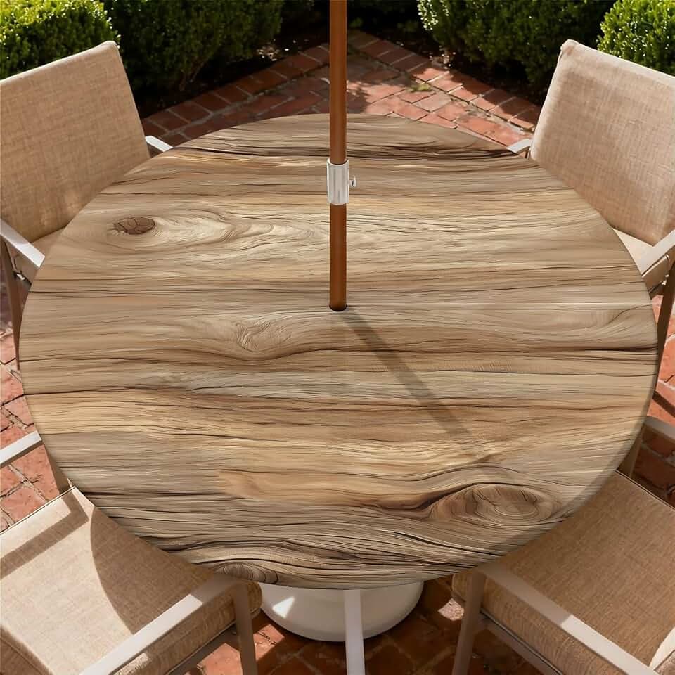 Round Outdoor Tablecloth with Umbrella Hole, Zippered Fitted Tablecloth with Elastic Edge, Waterproof Table Cloth Tablecover for Picnic Party Fits 53"-60" Round Table, Wood Grain