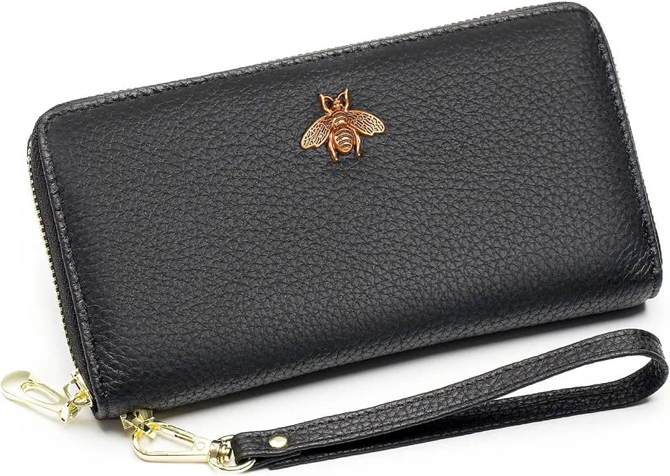 Genuine Leather Wallet Wristlet,Clutch Purses for Women,Phone Wallet(Black)