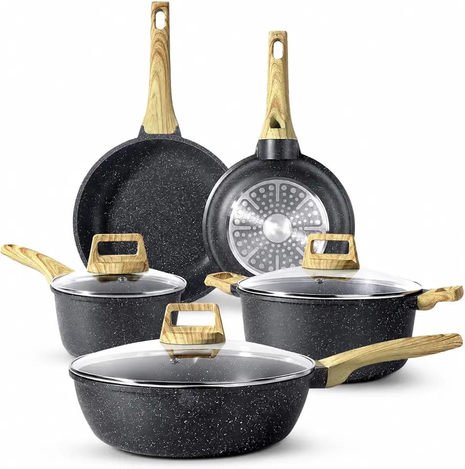 GOURMETIFIC® 8 Piece Classic Cookware Set Non Stick Pots and Pans, Ceramic Skillet Saucepan with Handles, Stackable Kitchen Cookware for Induction Gas and Oven, Easy Clean Cooking Essentials (Black)
