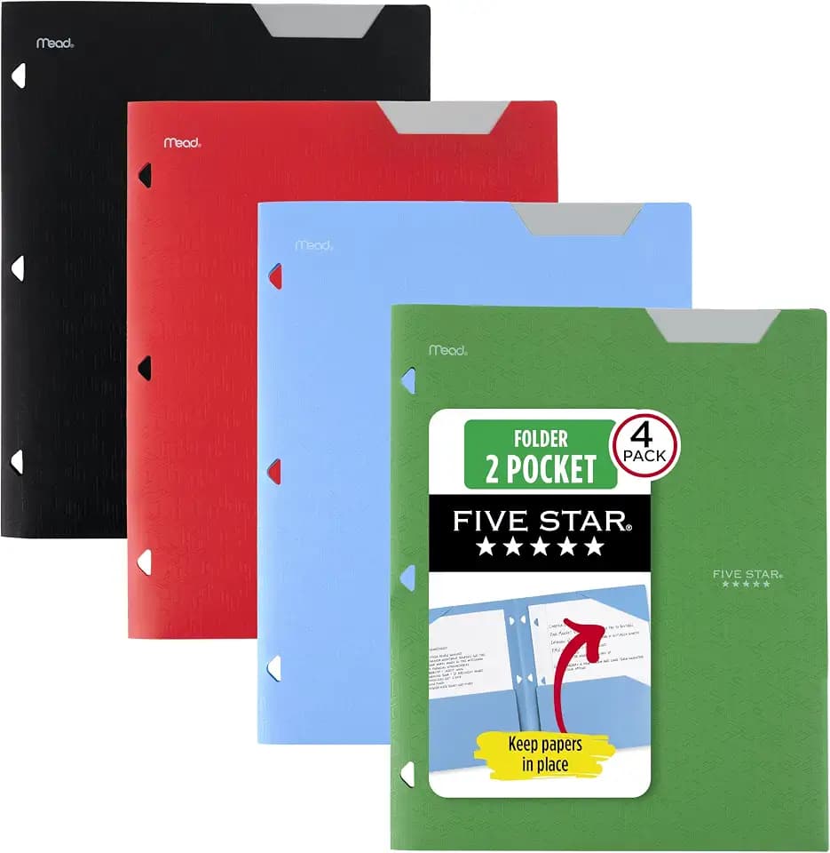 Five Star 2-Pocket Plastic Folder with Stay-Put Tabs, Fits 3-Ring Binder, Holds 8.5" x 11" Paper, Assorted Colors, 4 Pack (333420A)