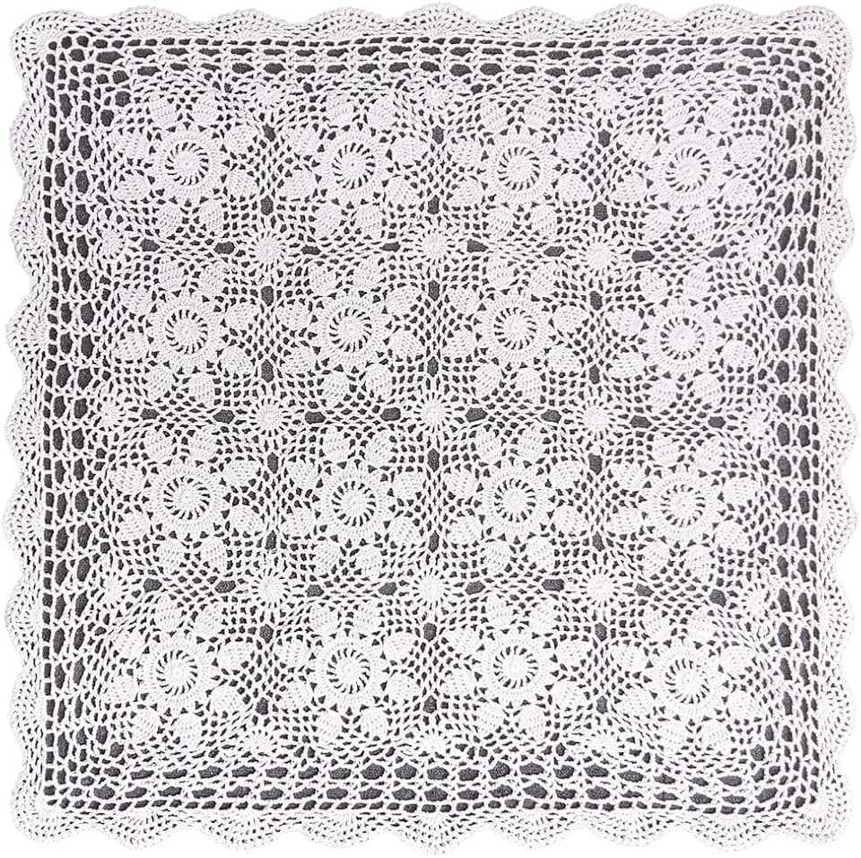 Phantomon Square Crochet Tablecloth 100% Cotton Handmade Lace Table Dresser Table Placemats Crocheted Doilies, 27 Inch (White)