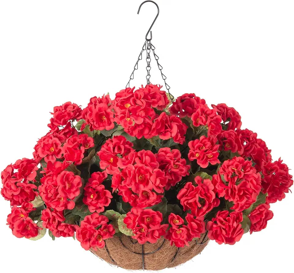INSPRING Geraniums Artificial Flowers Hanging Basket for Outdoors Outside Decoration, 8 Bundles Silk Flowers Fake Plants Look Real UV Resistant for Porch Home Patio Balcony Yard, Red