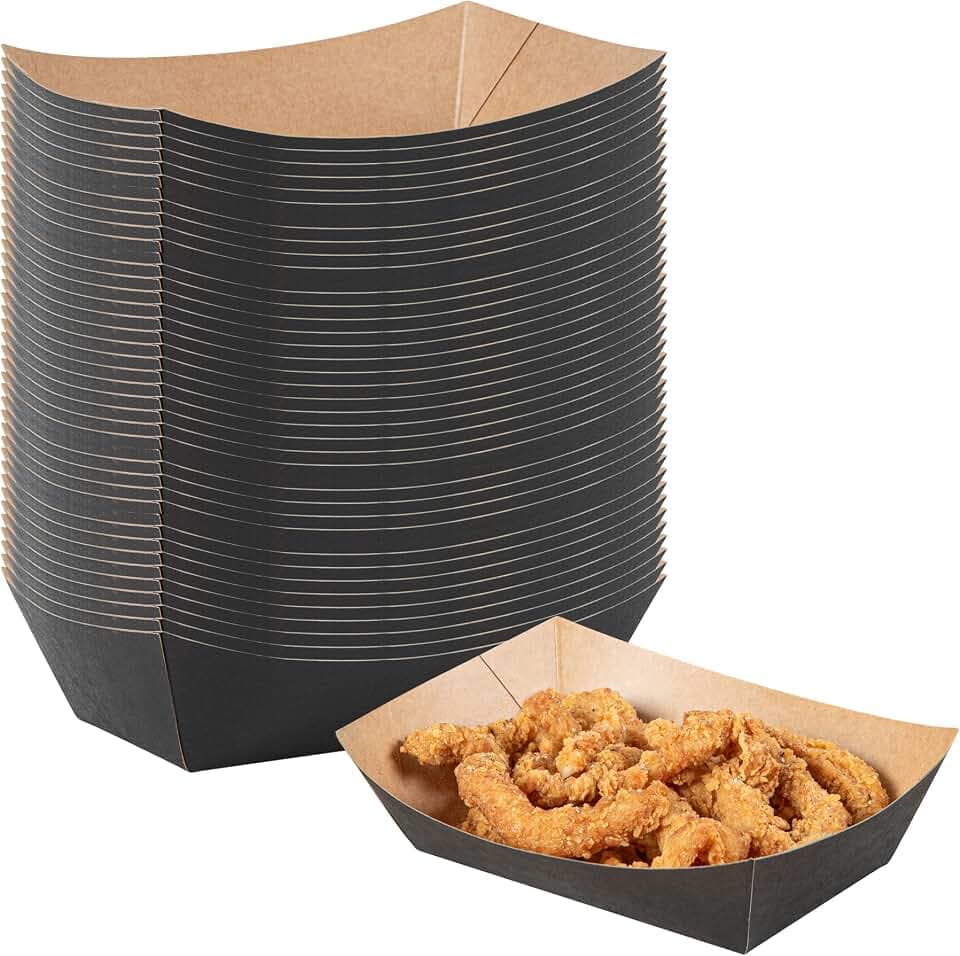 Restaurantware Black Paper lb Food Tray Boat, 7.1 x 5.7 in, 50 Pack