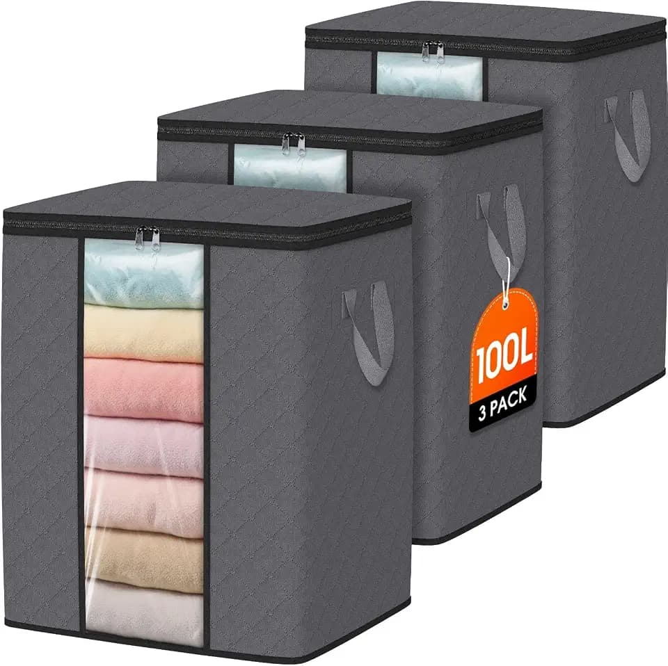 SpaceWhisper 3 Pack 100L Clothes Storage, Foldable Storage Bags, Grey