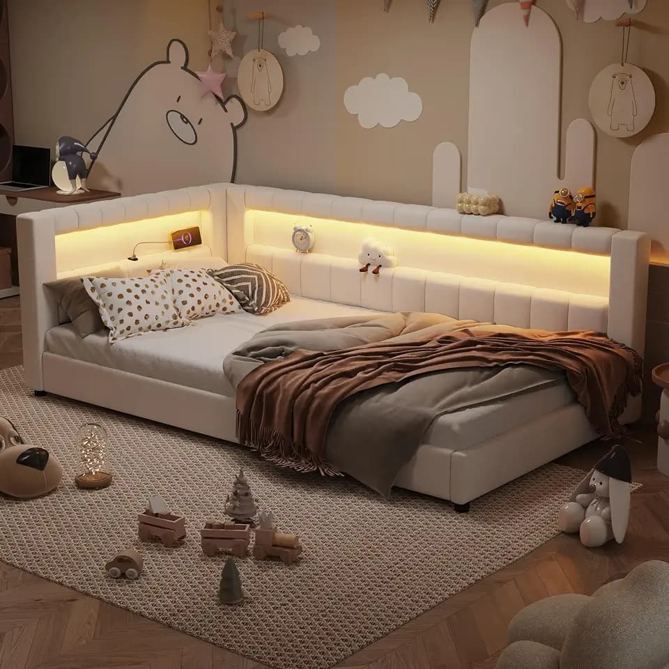 Merax Twin XL Modern Upholstered Floor Daybed with USB Ports, White