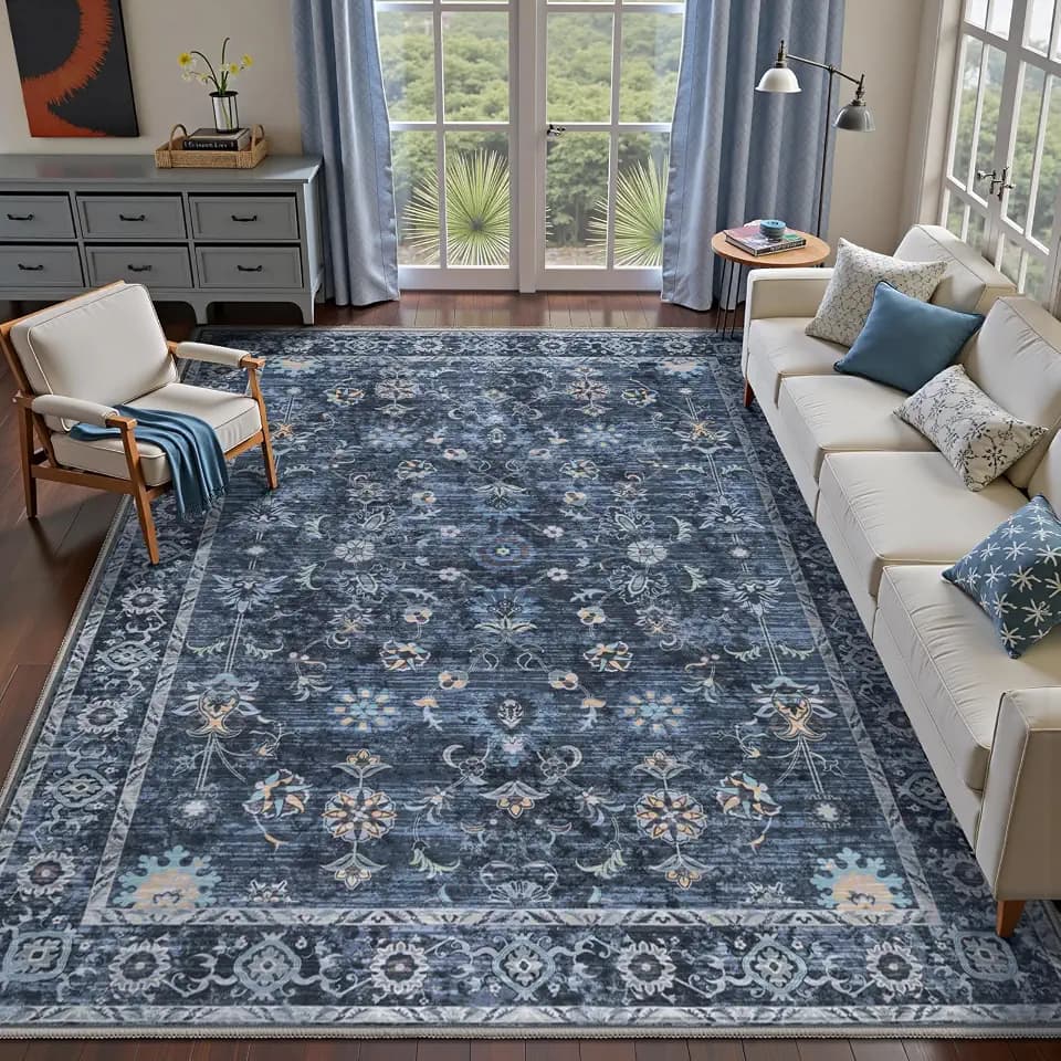 Tangsoo Washable 5x8 Blue Area Rugs for Bedroom Living Room Non Slip