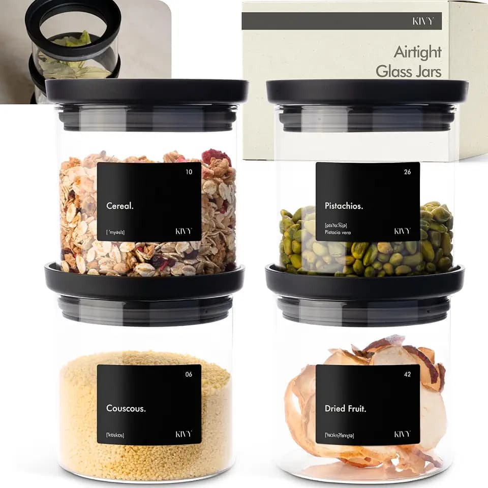 KIVY Airtight Glass Jars with transparent Lids & Labels 4x 17oz - Stackable