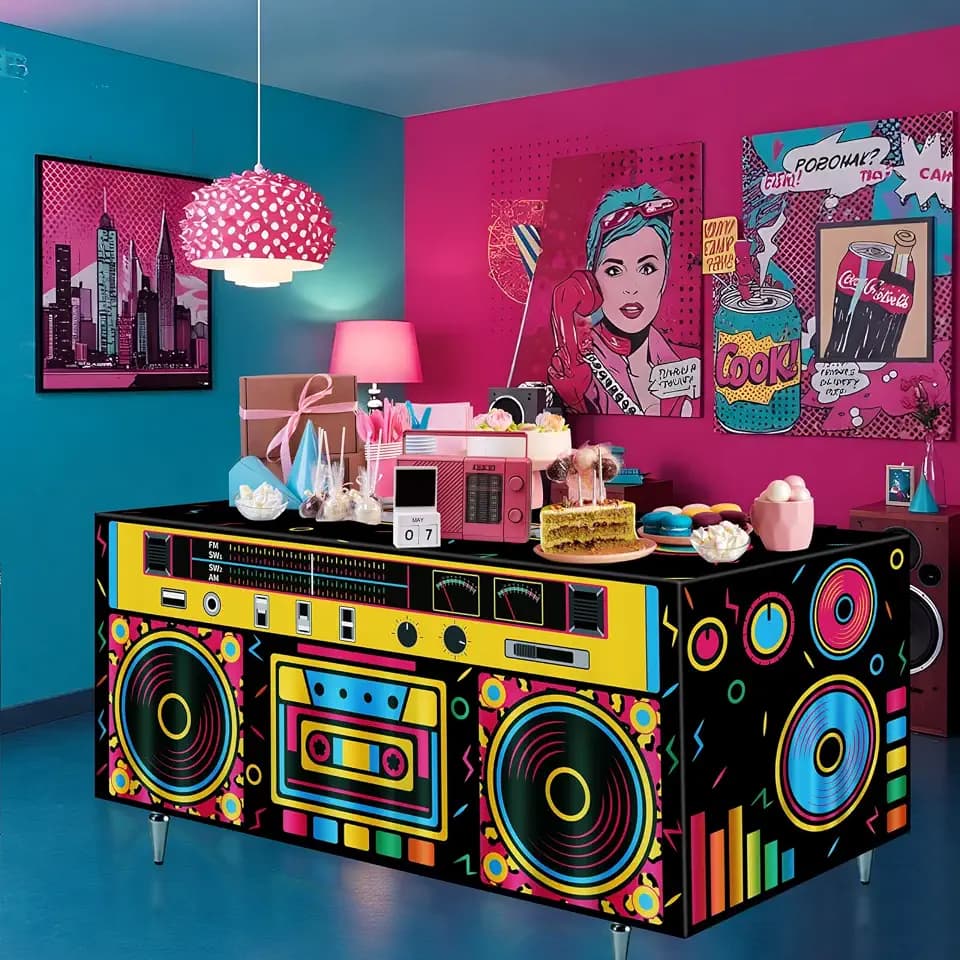 Tieshankao 6Ft 80s 90s Party Radio Tablecloth Hip Hop Theme Decorations: Birthday Table Cover Decor for Home Party Supplies