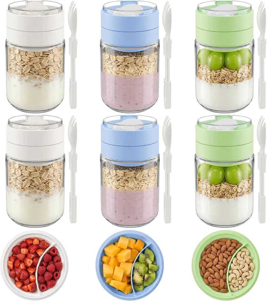 Vtopmart 6 Pack 16oz Glass Overnight Oats Container with Spoon, Compartment