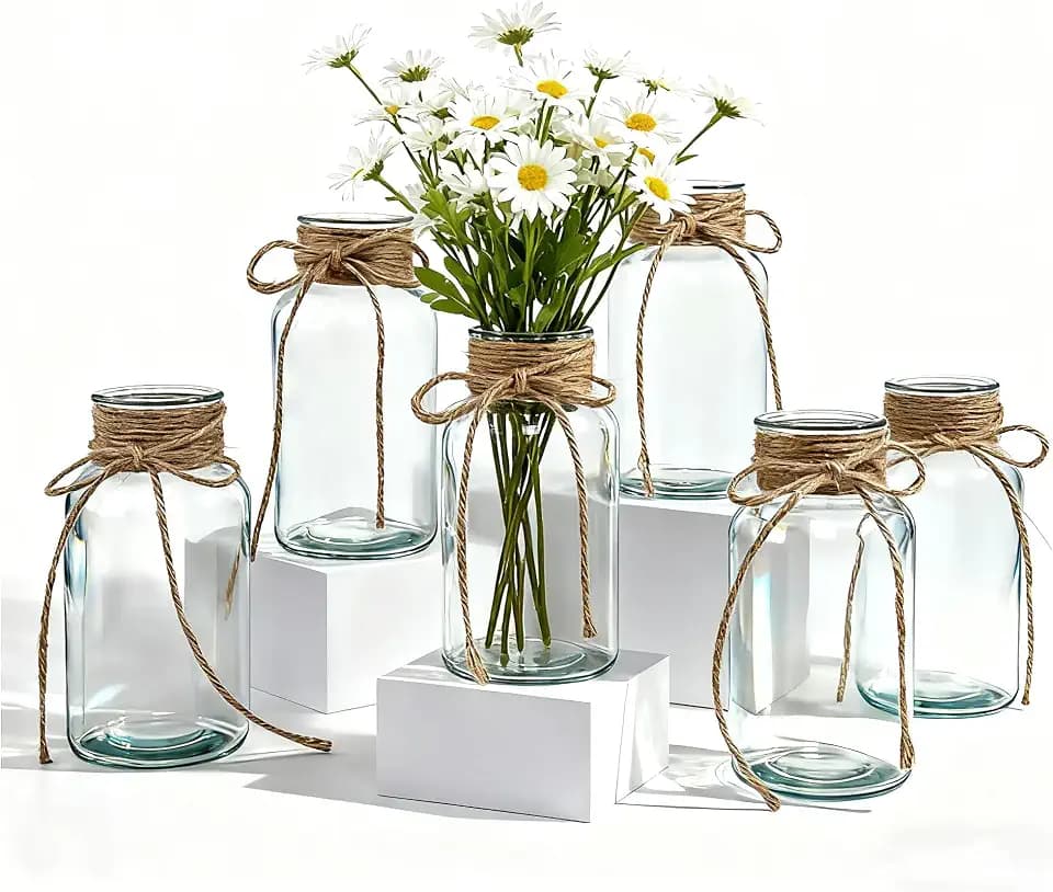 Vintage Glass Flower Vase,Vases for Farmhouse Wedding Centerpiece Cylinder Bottle,Mason Jars for Decor Floral Arrangements, Parties & Home Decor (6 PCS, Transparent)