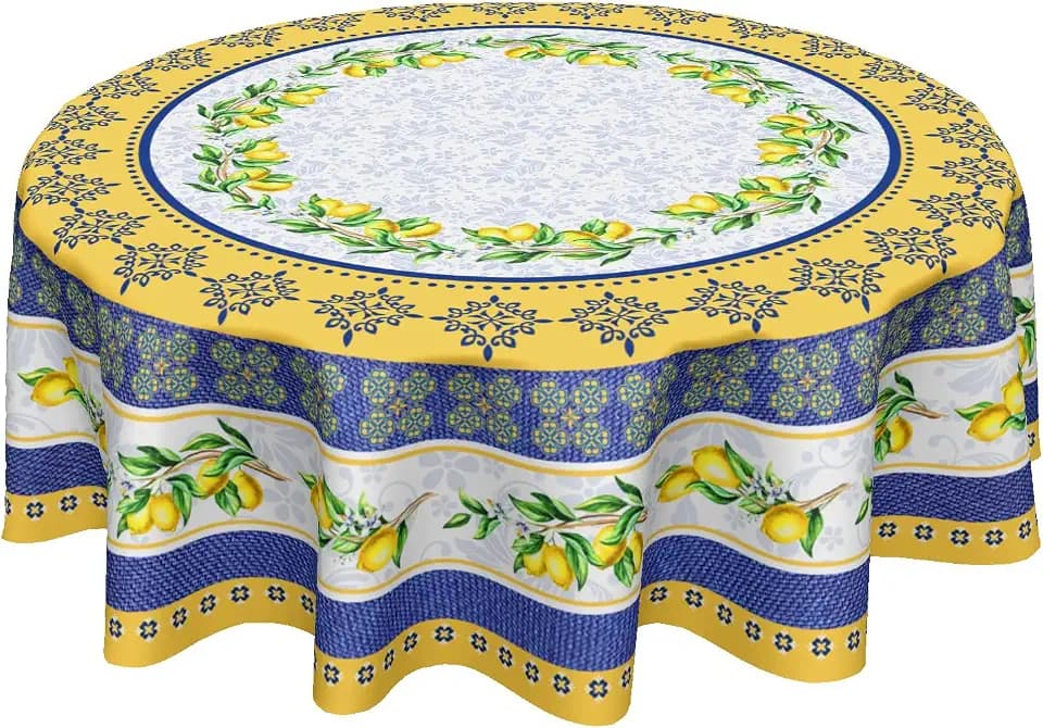 Lemon Tablecloth Round 70 Inch Italian Lemon Yellow and Blue Table Cloth Circle Summer Fruit Table Cover Tabletop for Dining Room Kitchen Party Picnic Dinner Table Decor