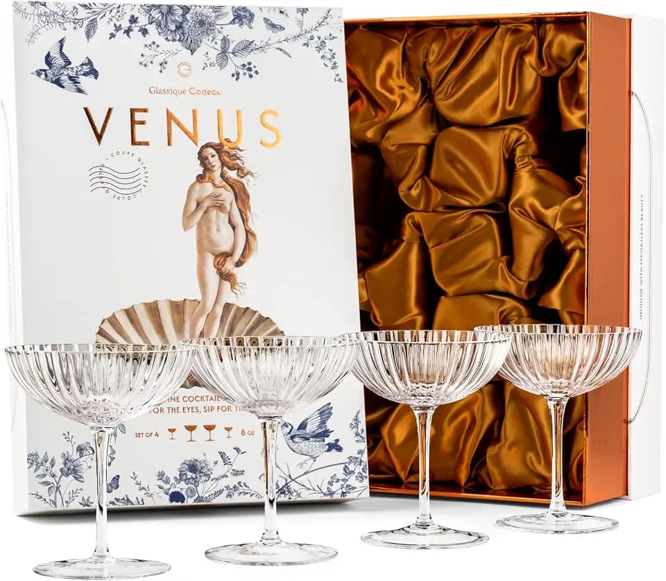 Venus Seashell Coupe Cocktail Glasses | Set of 4 | 8 oz Crystal Ribbed Champagne Saucers for Drinking P-Star and Espresso Martini, Margarita, Daiquiri, Cosmopolitan, Gimlet | Elegant Gift Glassware