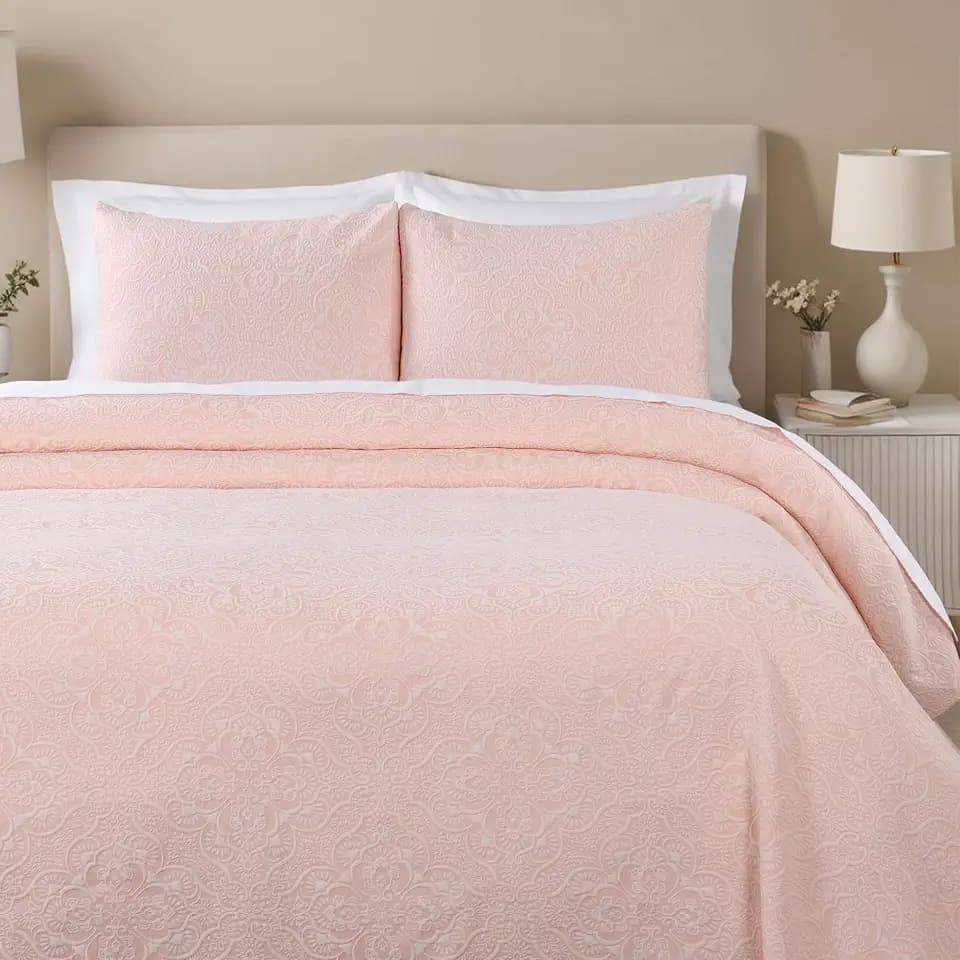 SUPERIOR 3 Piece Bedspread Set, Home Bed Decor, Decorative Bed Spread, 2 Pillow Shams, Medium Weight Blanket, Floral Matelasse Coverlet, Bedding Essentials, Enzy Collection, King, Peach