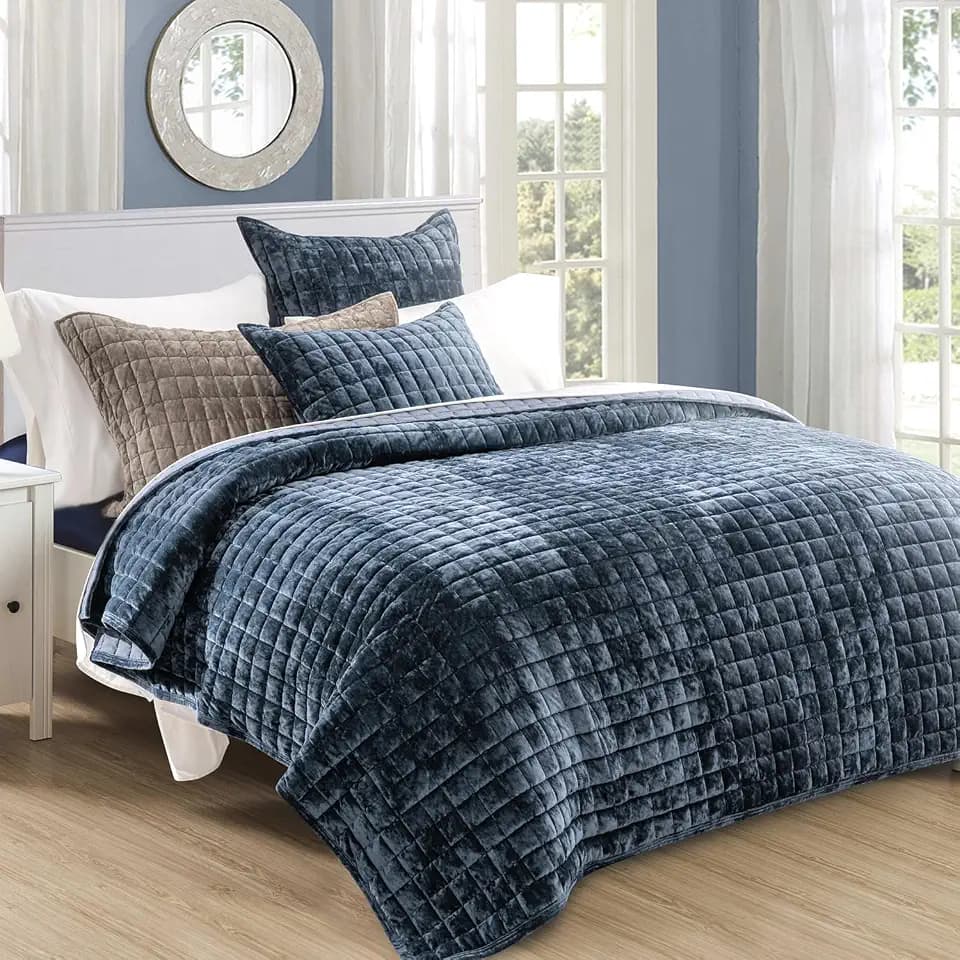 RECYCO Channel Box Stitch Velvet Quilt Set, Twin/Twin XL Size, Stormy Blue