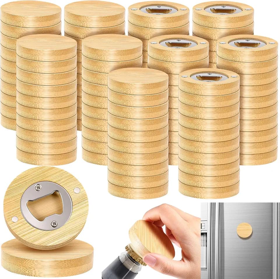 Vesici 100 Pcs Magnetic Bottle Opener 2.5in DIY Bamboo Round Beer Opener